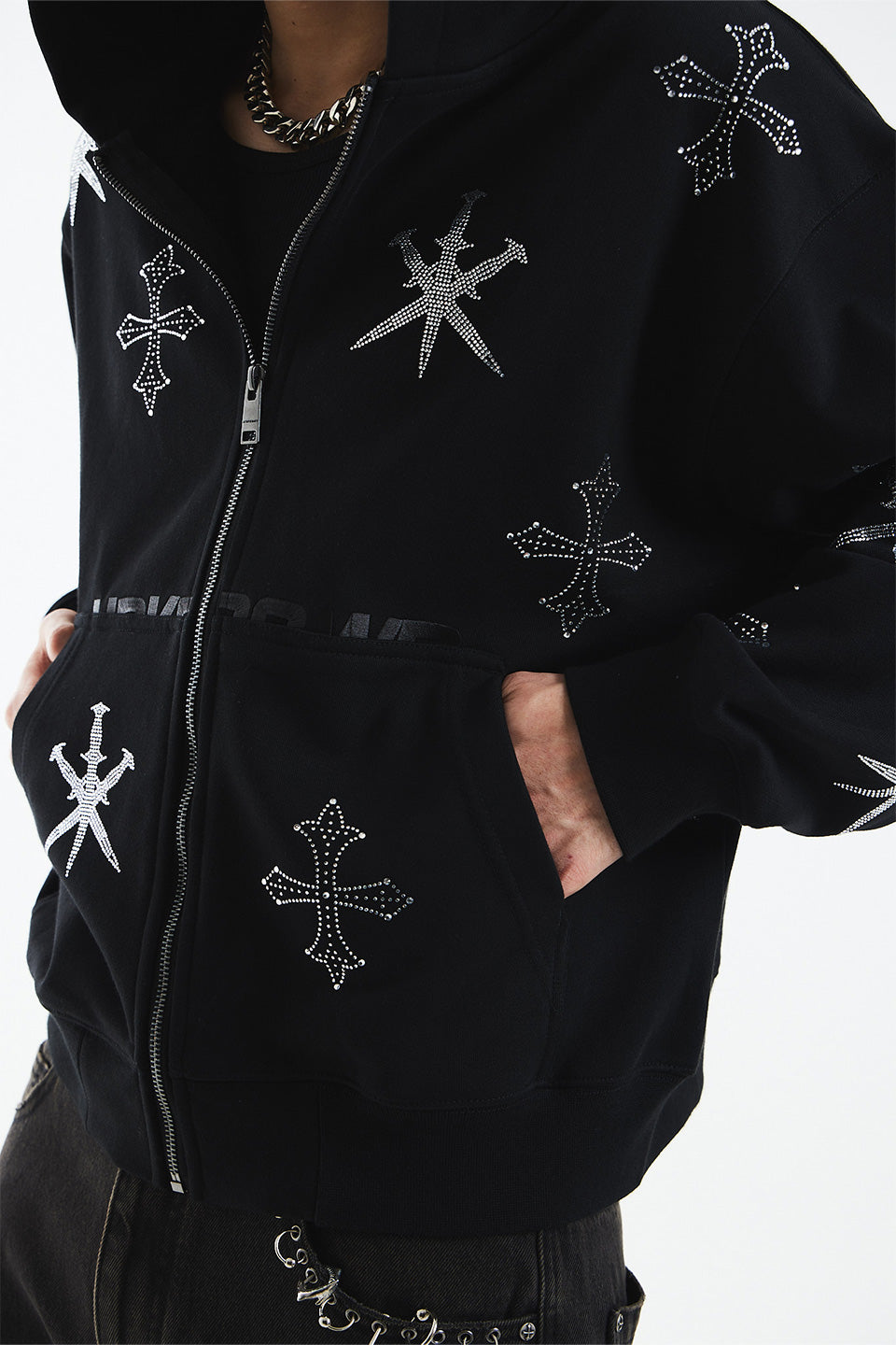 Dagger Cross Rhinestone Zip Hoodie