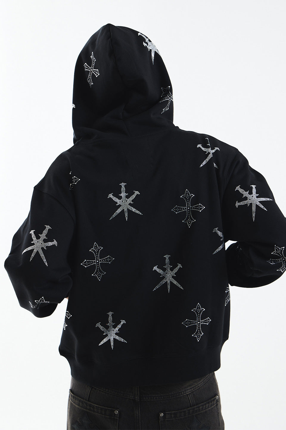 Dagger Cross Rhinestone Zip Hoodie