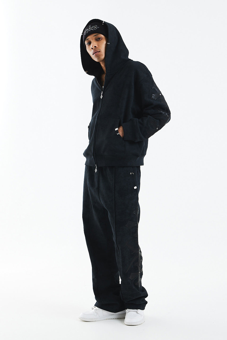 Dagger Cross Leather Patch Zip Hoodie