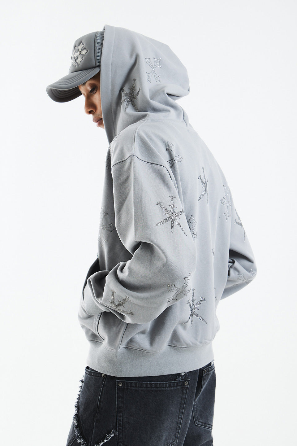 Dagger Cross Rhinestone Zip Hoodie