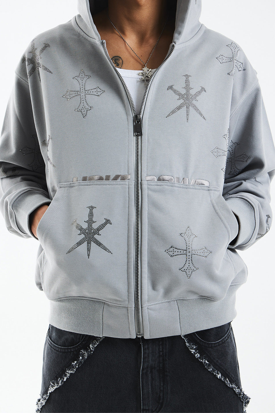 Dagger Cross Rhinestone Zip Hoodie｜Unknown London｜フーディー