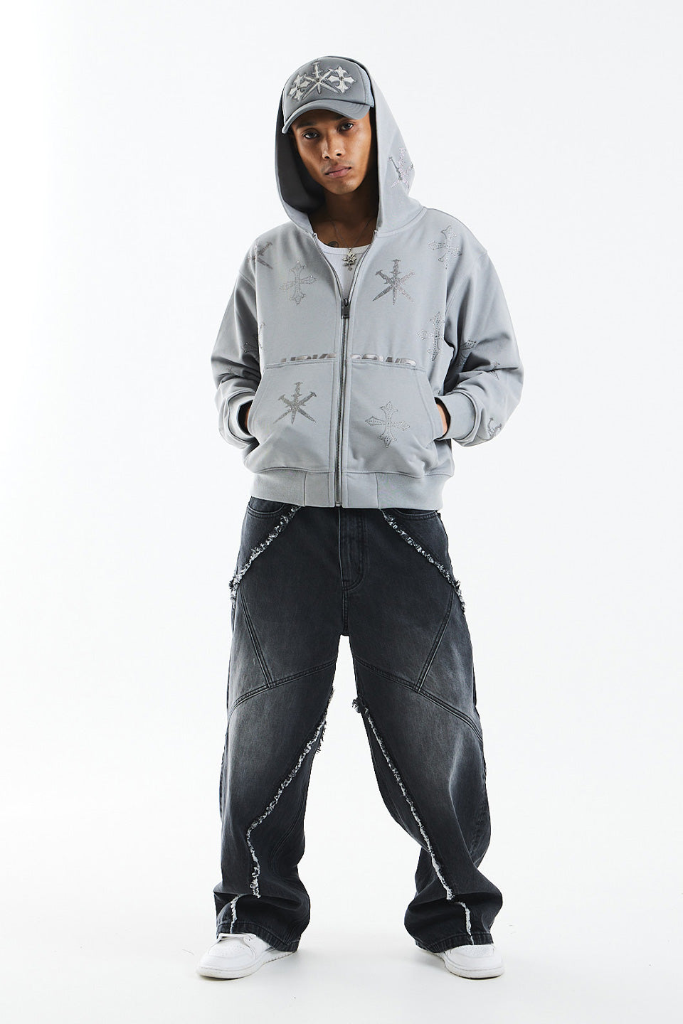 Dagger Cross Rhinestone Zip Hoodie