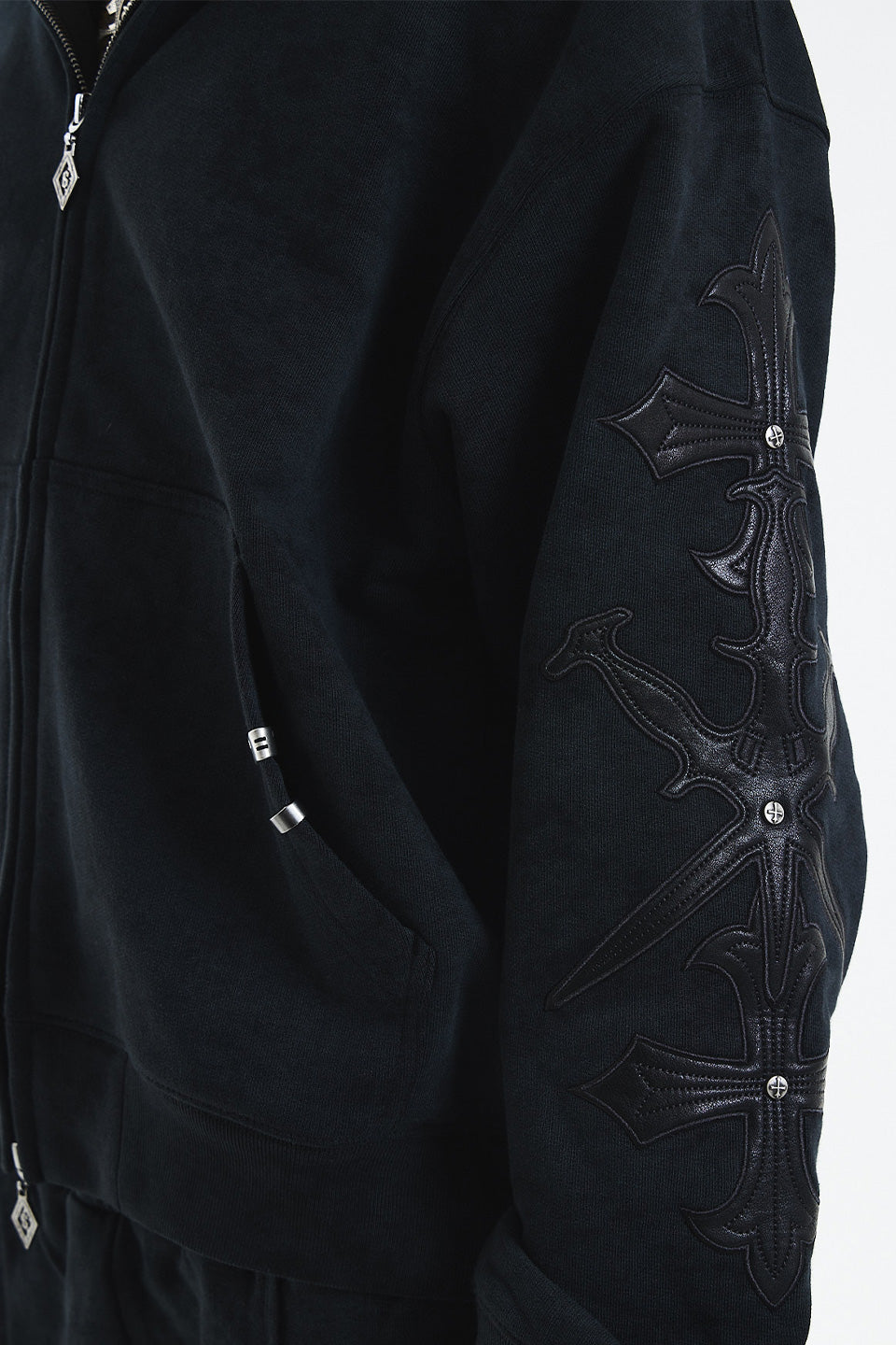 Dagger Cross Leather Patch Zip Hoodie
