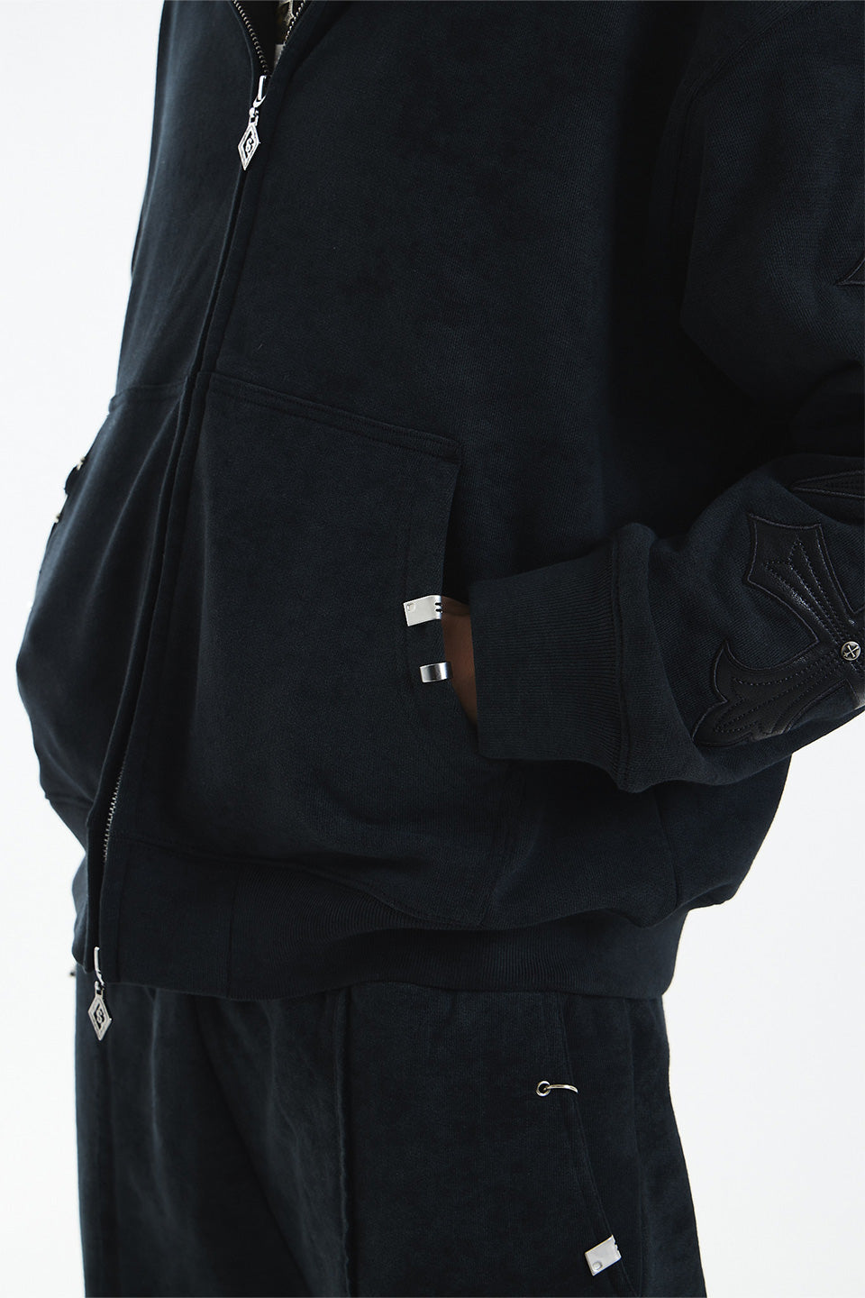 Dagger Cross Leather Patch Zip Hoodie