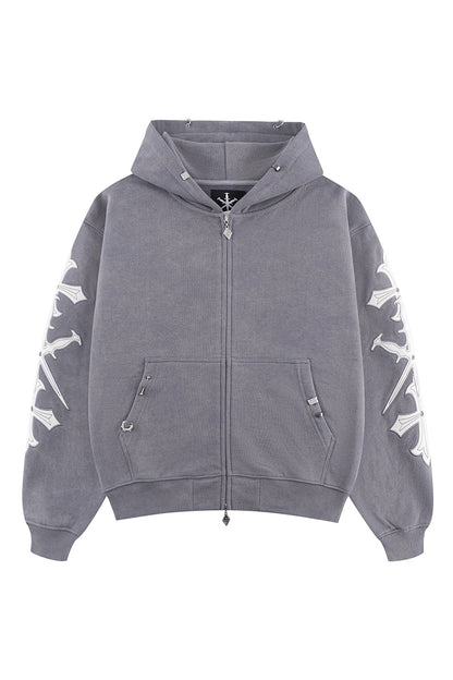 Dagger Cross Leather Patch Zip Hoodie