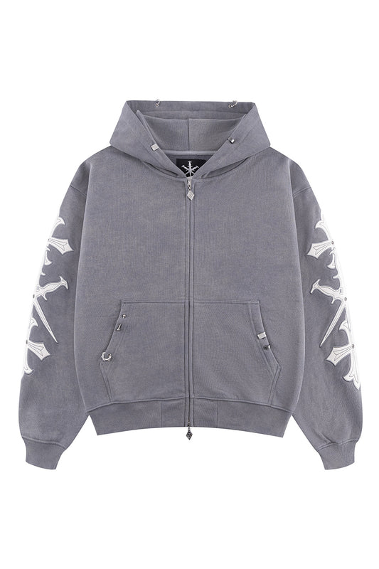 Dagger Cross Leather Patch Zip Hoodie