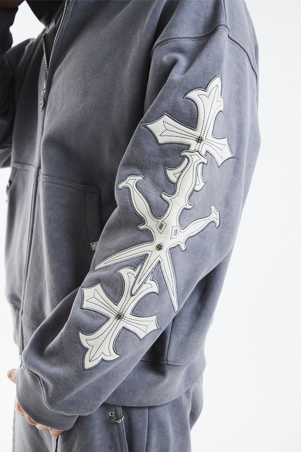 Dagger Cross Leather Patch Zip Hoodie