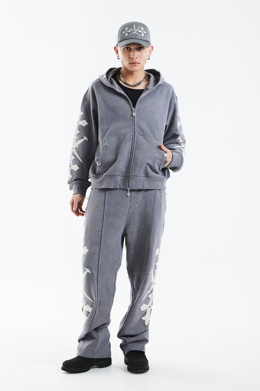 Dagger Cross Leather Patch Zip Hoodie