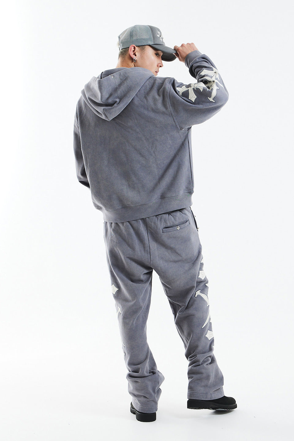 Dagger Cross Leather Patch Zip Hoodie