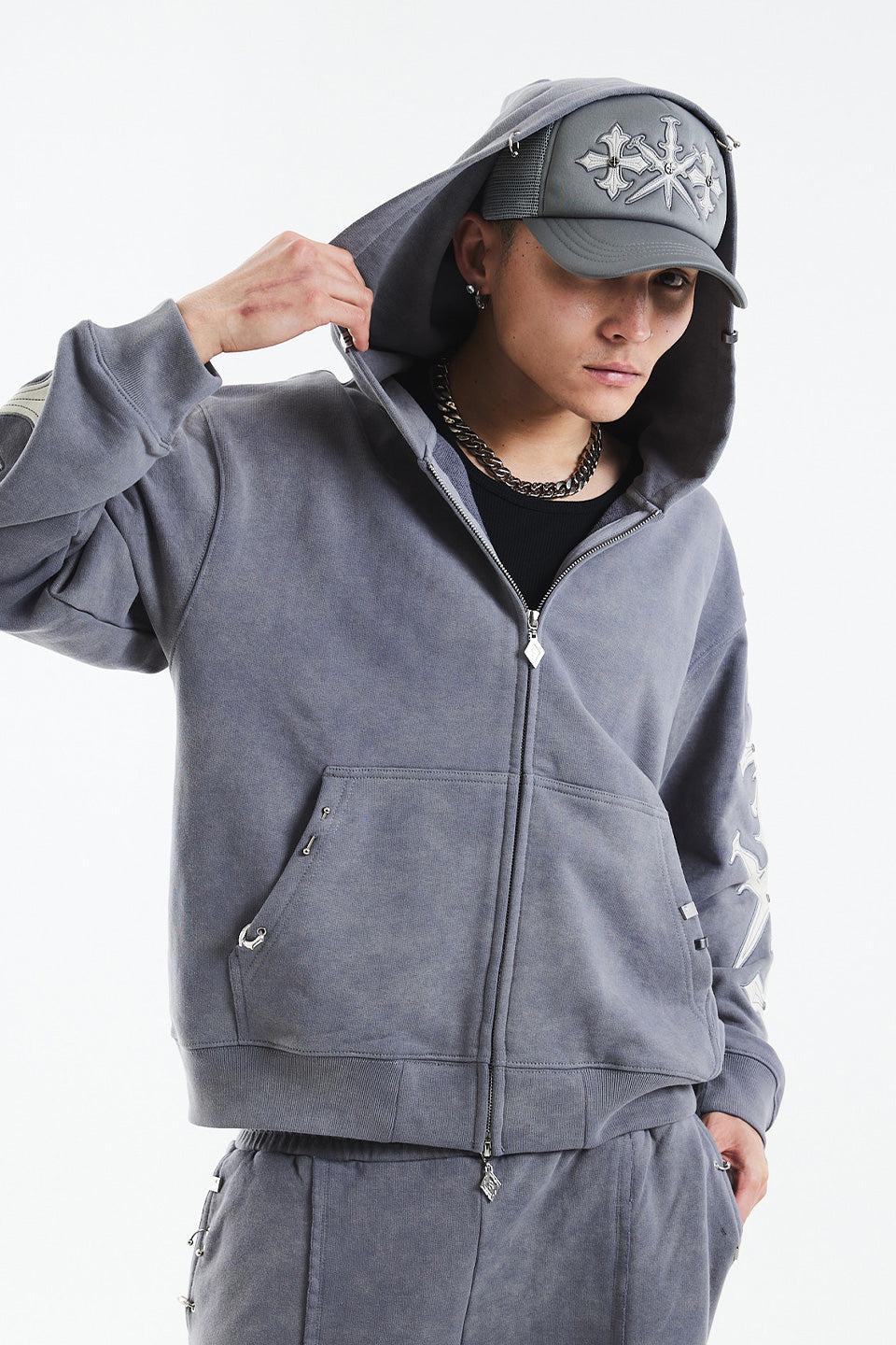 Dagger Cross Leather Patch Zip Hoodie