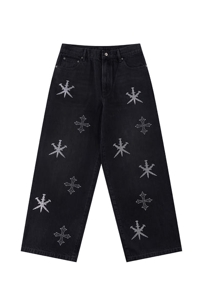 Dagger Cross Rhinestone Baggy Denim Pants
