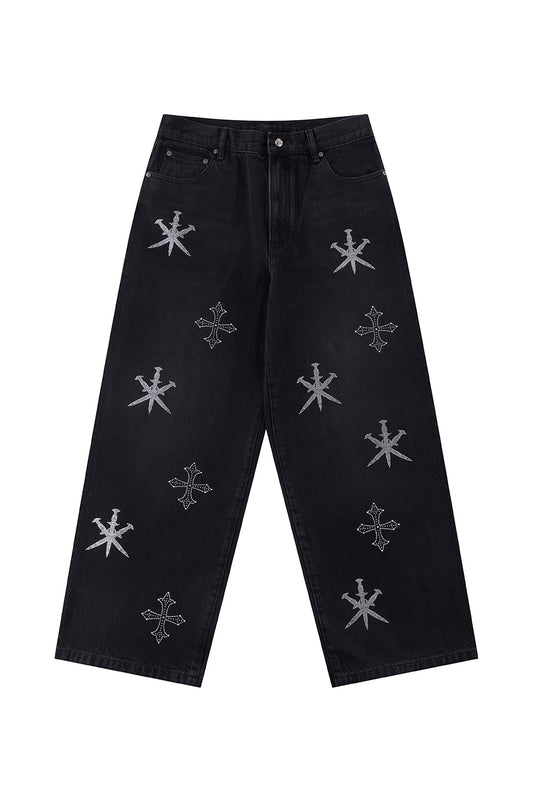 Dagger Cross Rhinestone Baggy Denim Pants