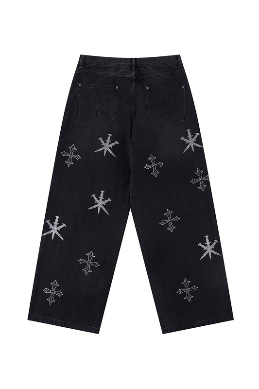 Dagger Cross Rhinestone Baggy Denim Pants