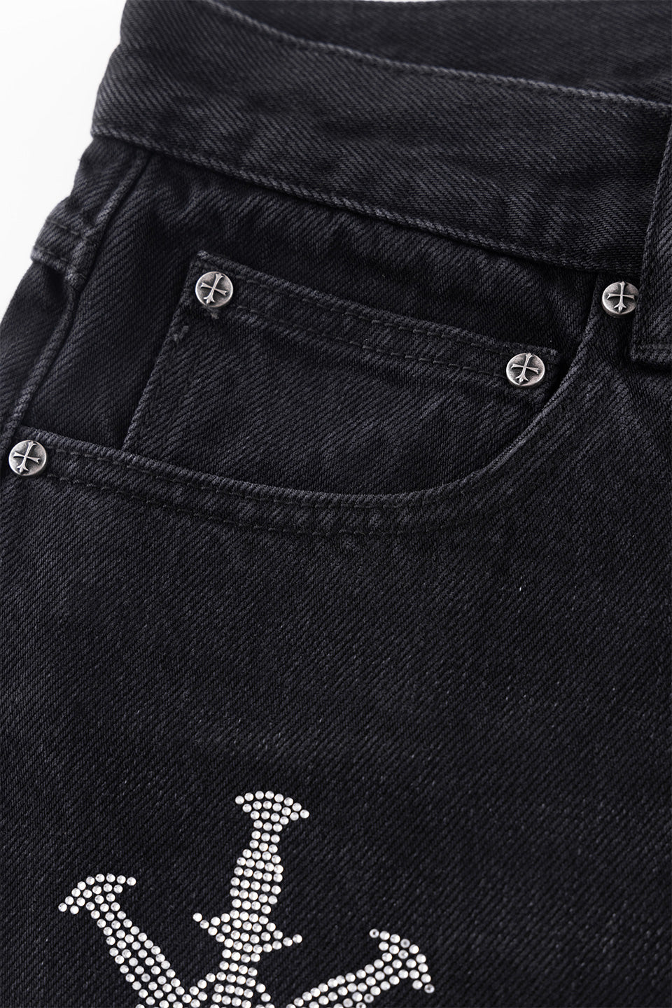 Dagger Cross Rhinestone Baggy Denim Pants｜Unknown London｜デニム