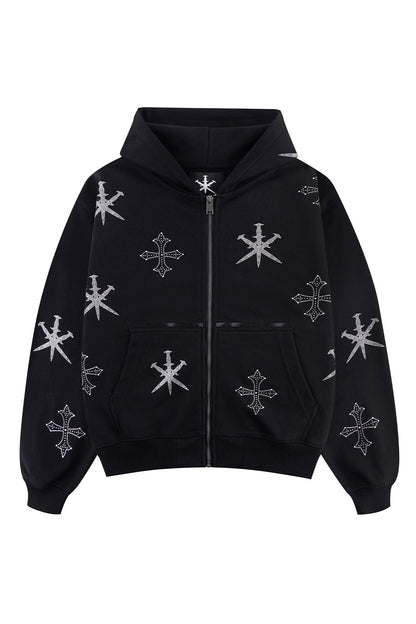 Dagger Cross Rhinestone Zip Hoodie