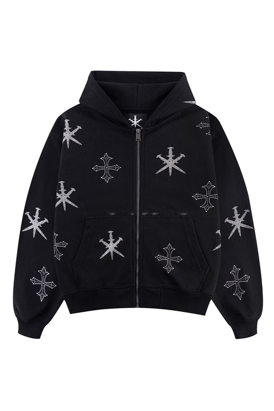 Dagger Cross Rhinestone Zip Hoodie
