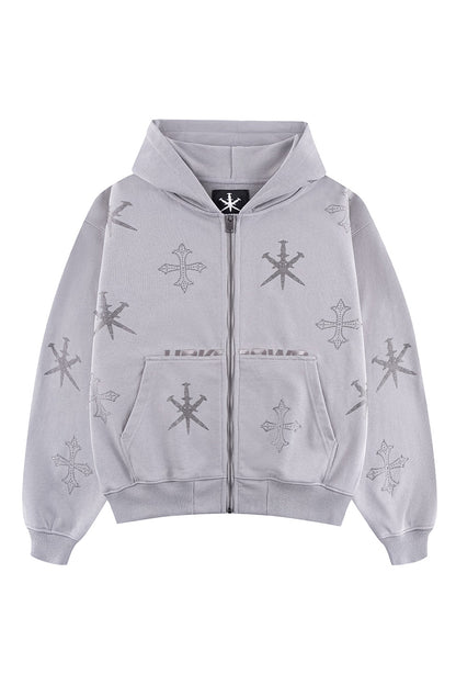 Dagger Cross Rhinestone Zip Hoodie