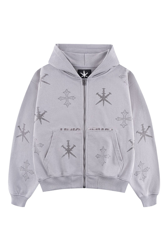 Dagger Cross Rhinestone Zip Hoodie