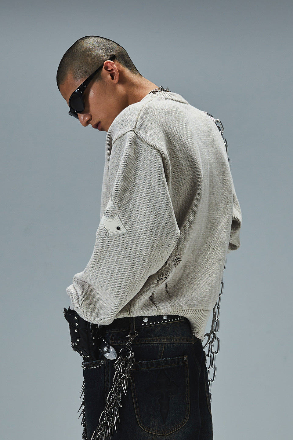 Distressed Cross Leather Patch Crew Knit V2
