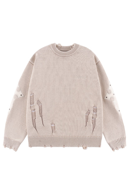 Distressed Cross Leather Patch Crew Knit V2