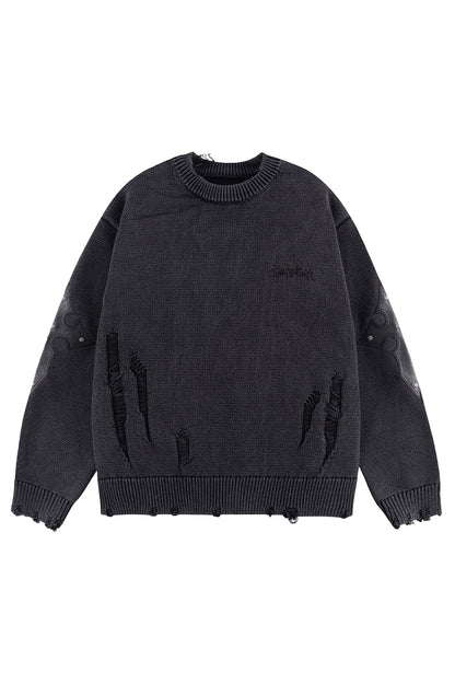 Distressed Cross Leather Patch Crew Knit V2