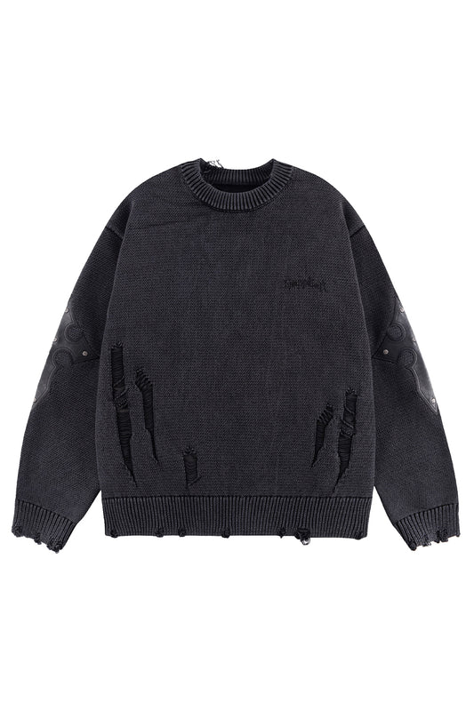 Distressed Cross Leather Patch Crew Knit V2