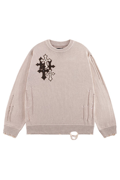 Distressed Multiple Cross Leather Patch Crew Knit