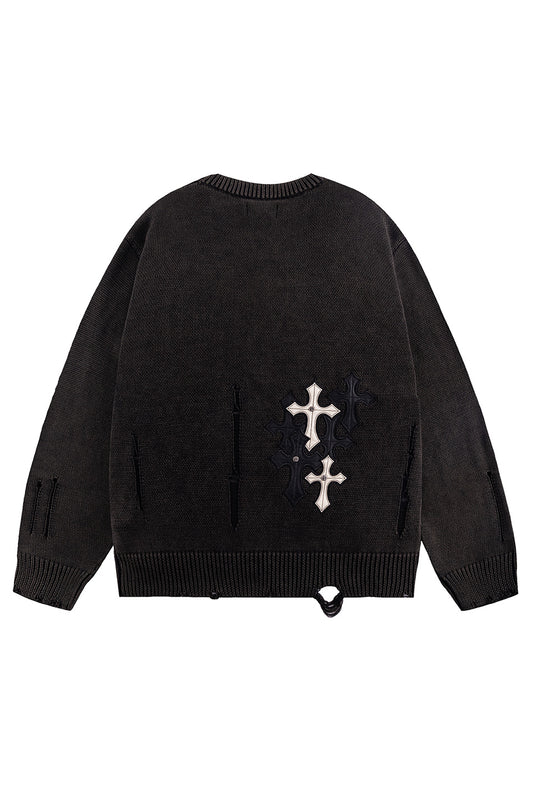Distressed Multiple Cross Leather Patch Crew Knit