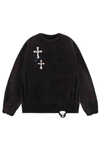 Distressed Multiple Cross Leather Patch Crew Knit