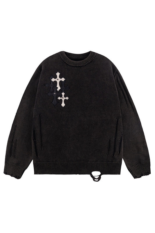 Distressed Multiple Cross Leather Patch Crew Knit