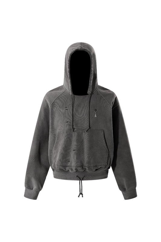 Double Drawstring Ripped Hooded Sweatshirt