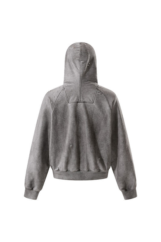 Double Drawstring Ripped Hooded Sweatshirt