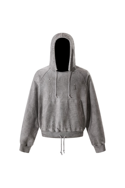Double Drawstring Ripped Hooded Sweatshirt