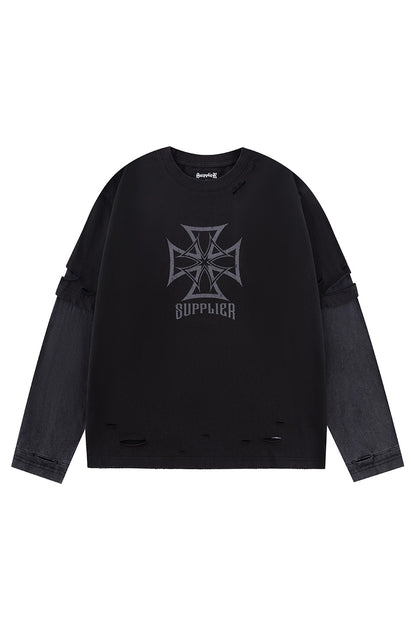 Dusty Iron Cross Layered Long Sleeve Tee