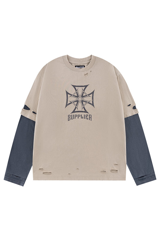 Dusty Iron Cross Layered Long Sleeve Tee