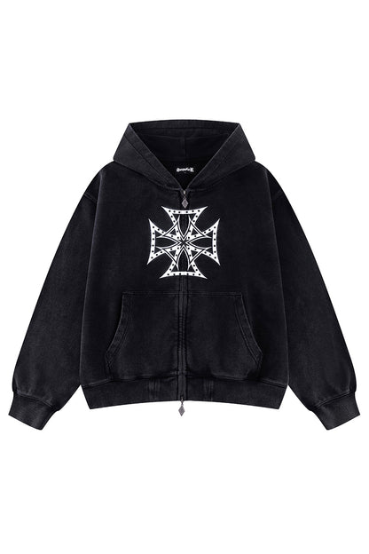 Dusty Iron Cross Rhinestone Zip Hoodie