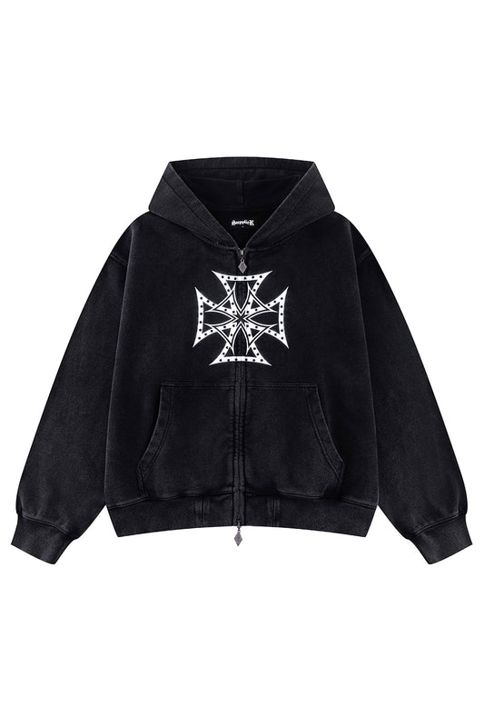 Dusty Iron Cross Rhinestone Zip Hoodie