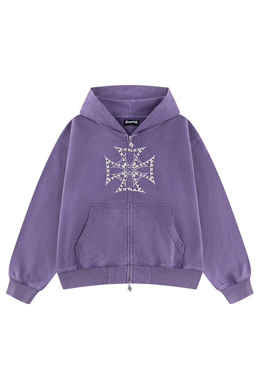 Dusty Iron Cross Rhinestone Zip Hoodie