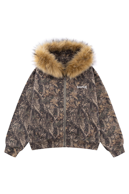 Tree Camo Faux Fur Cross Zip Hoodie