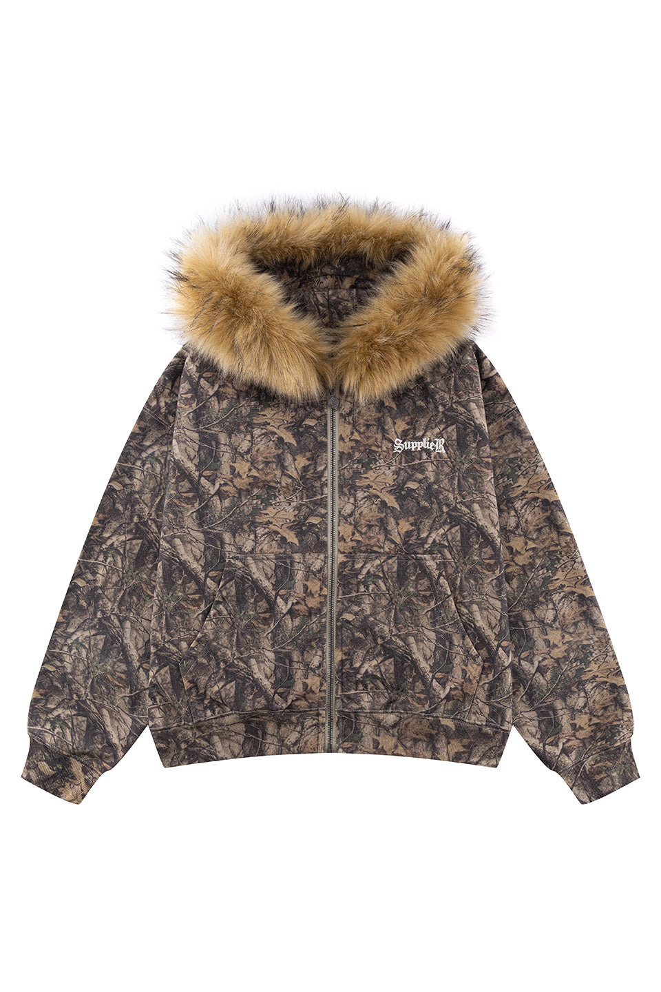 Tree Camo Faux Fur Cross Zip Hoodie