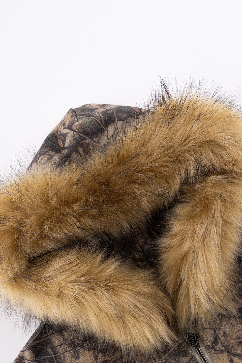 Tree Camo Faux Fur Cross Zip Hoodie