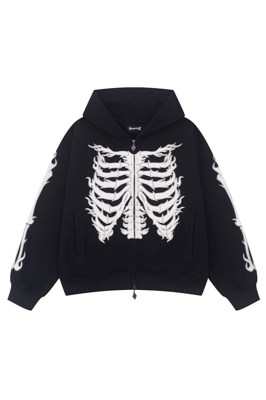 Fire Bones Leather Patch Zip Hoodie