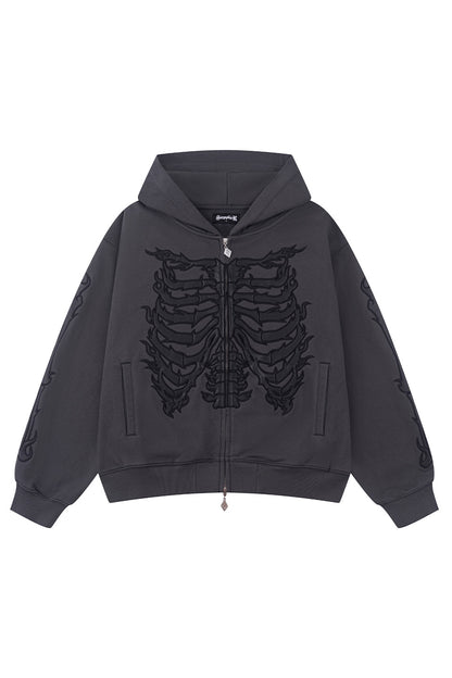 Fire Bones Leather Patch Zip Hoodie