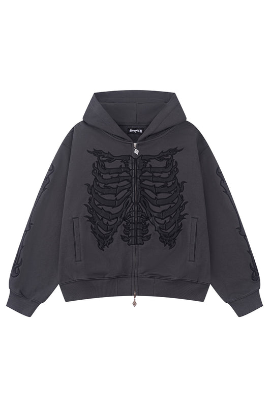 Fire Bones Leather Patch Zip Hoodie