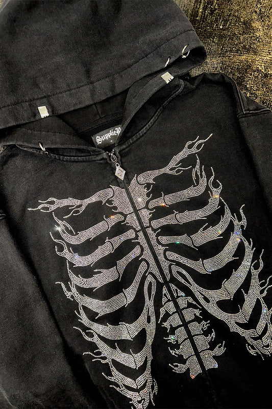 【予約商品】Fire Skeleton Rhinestone Zip Hoodie【11月中旬お届け】