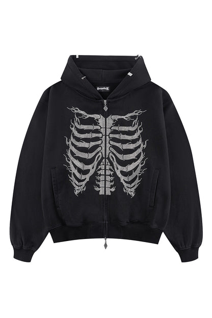 Fire Skeleton Rhinestone Zip Hoodie