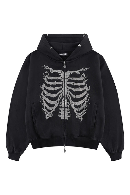 Fire Skeleton Rhinestone Zip Hoodie