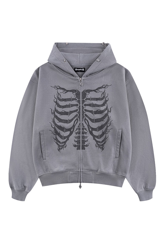 Fire Skeleton Rhinestone Zip Hoodie