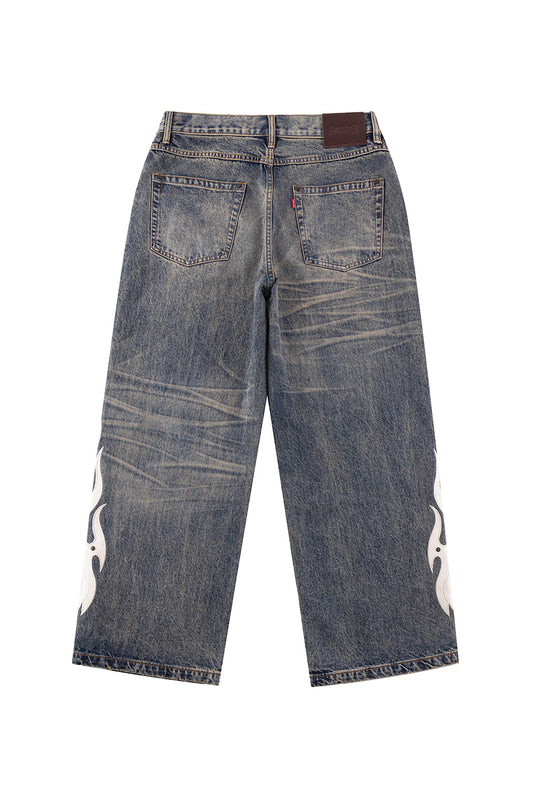Fire Tribal Leather Patch Baggy Denim
