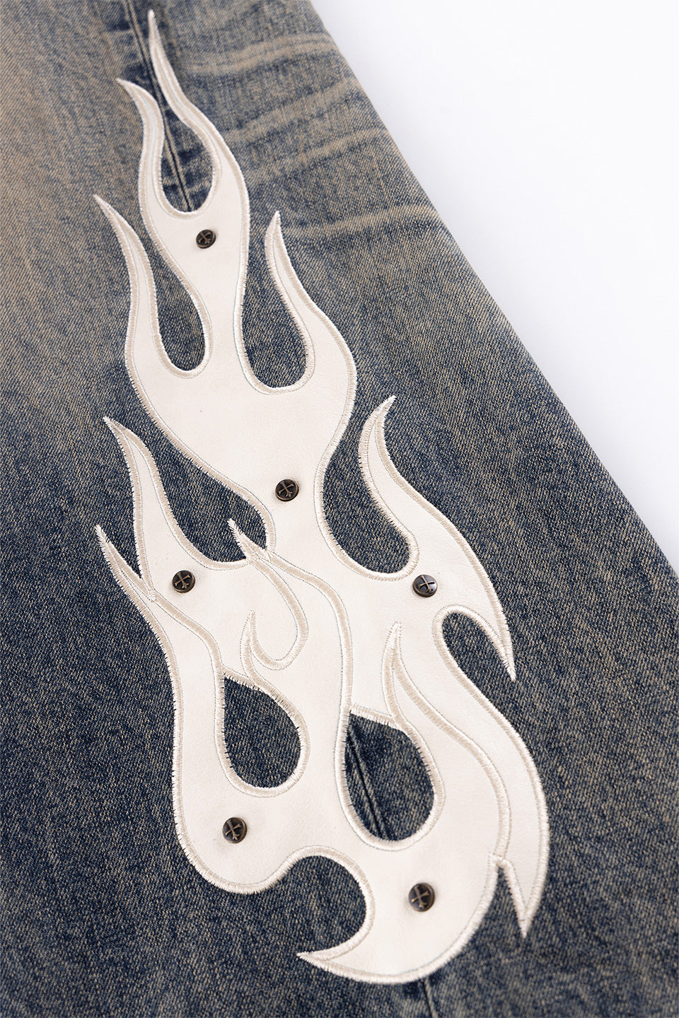 Fire Tribal Leather Patch Baggy Denim